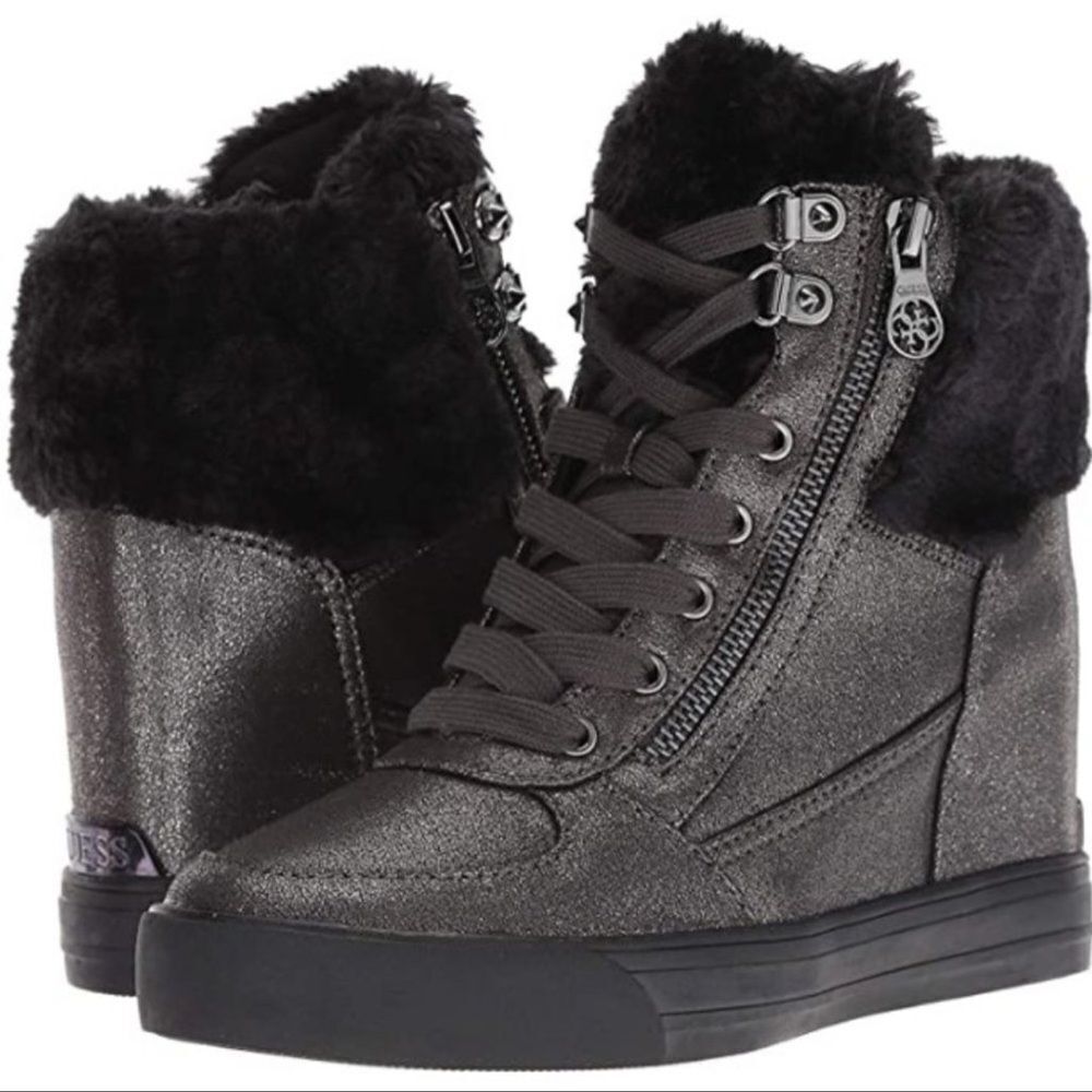 Guess Black Metallic Wedge Sneakers with Faux Fur Collar
